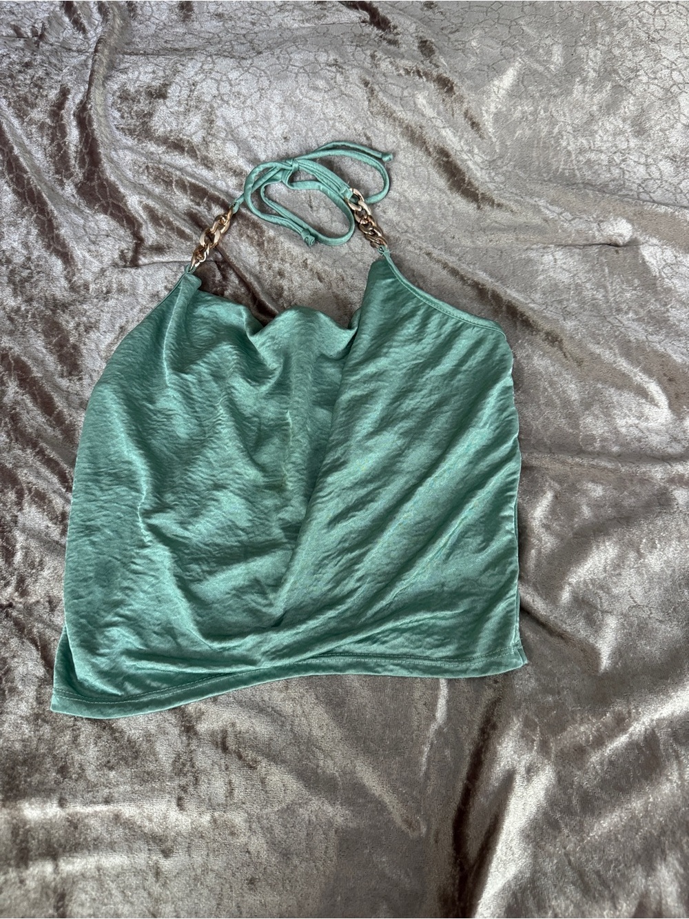 love J Teal Satin Halter Cami with Chain Straps